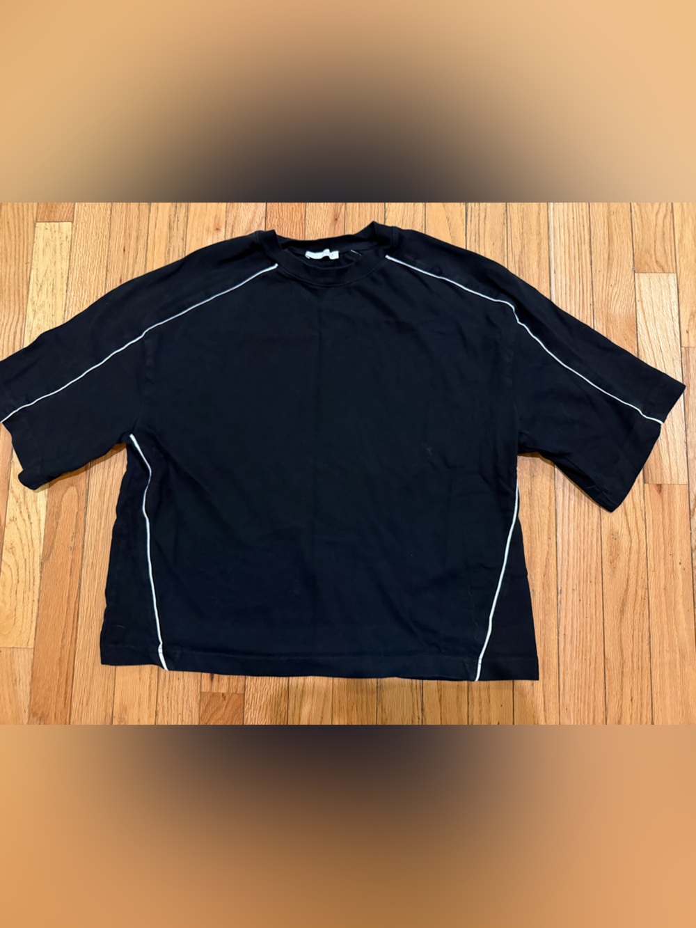 Zara Black Short-Sleeve Crewneck Tee with White Piping